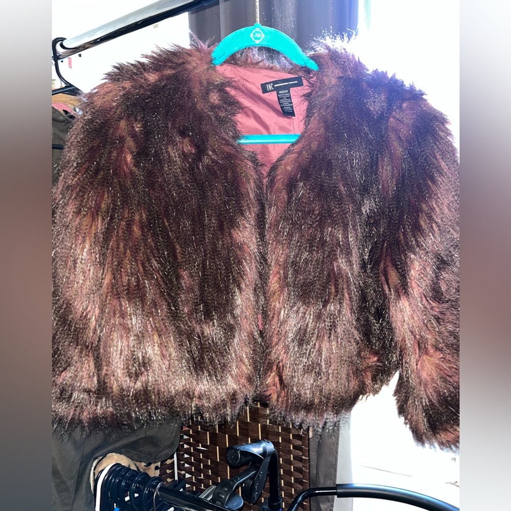 INC International Concepts Faux Fur Cropped Jacket in Deep Burgundy